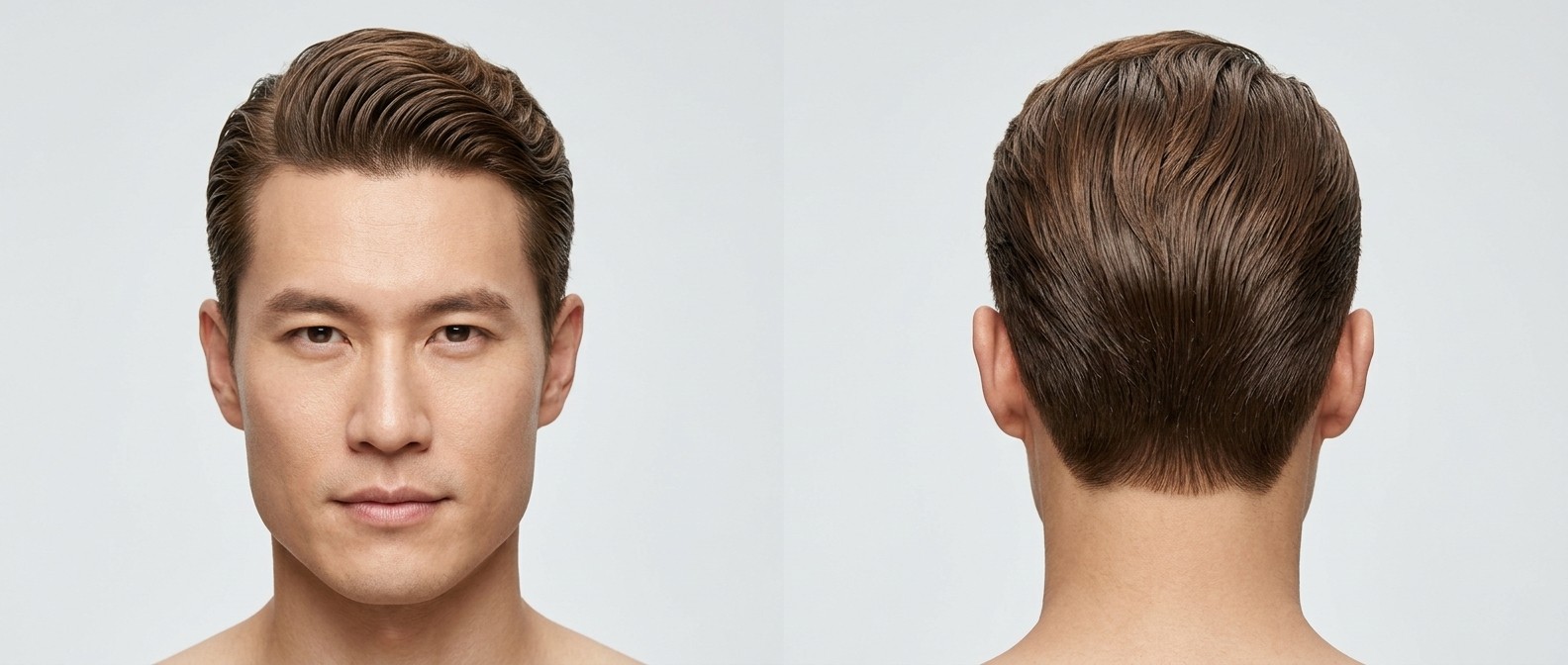 Widok z przodu i z tyłu na mężczyznę z falowanymi włosami zaczesanymi do tyłu, z wycieniowanym karkiem i lśniącą, pełną objętości fryzurą.