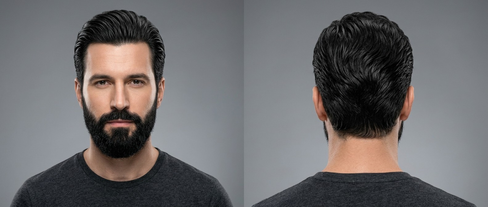 Widok z przodu i z tyłu 40-letniego mężczyzny z gęstymi, ciemnymi, falowanymi włosami zaczesanymi do tyłu, z widocznym widow's peak i zadbaną brodą.