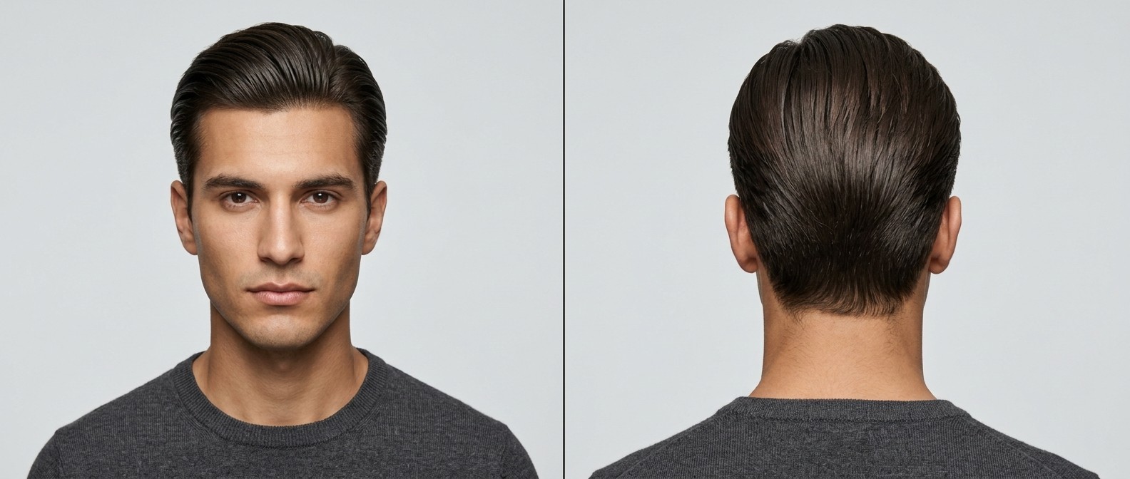 Widok z przodu i z tyłu młodego mężczyzny z ciemnobrązowymi włosami w stylu slick back z cieniowanym karkiem.