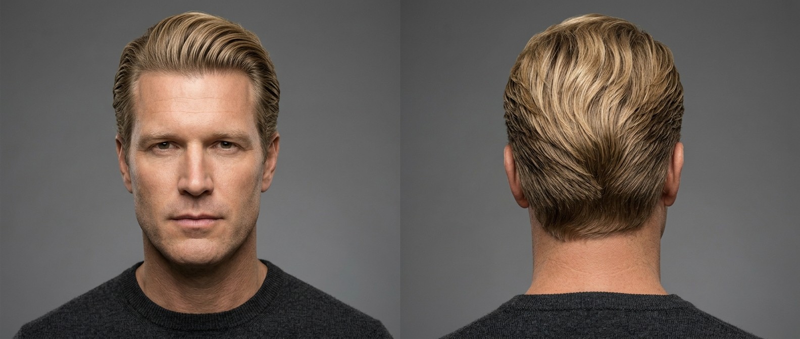 Widok z przodu i z tyłu 45-letniego blondyna z klasyczną fryzurą slicked-back dla gęstych, falowanych włosów.