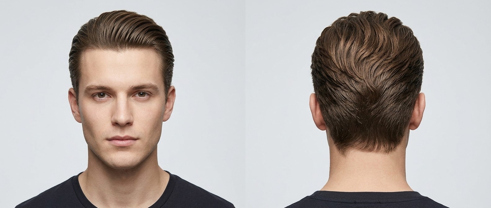 Joven con cabello ondulado castaño medio peinado hacia atrás con volumen, laterales cortos a tijera y widow's peak natural.