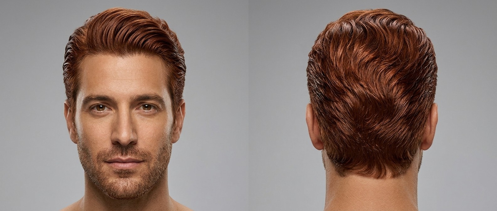 Vista frontal y trasera de un hombre con cabello ondulado peinado hacia atrás con volumen frontal y laterales cortos.