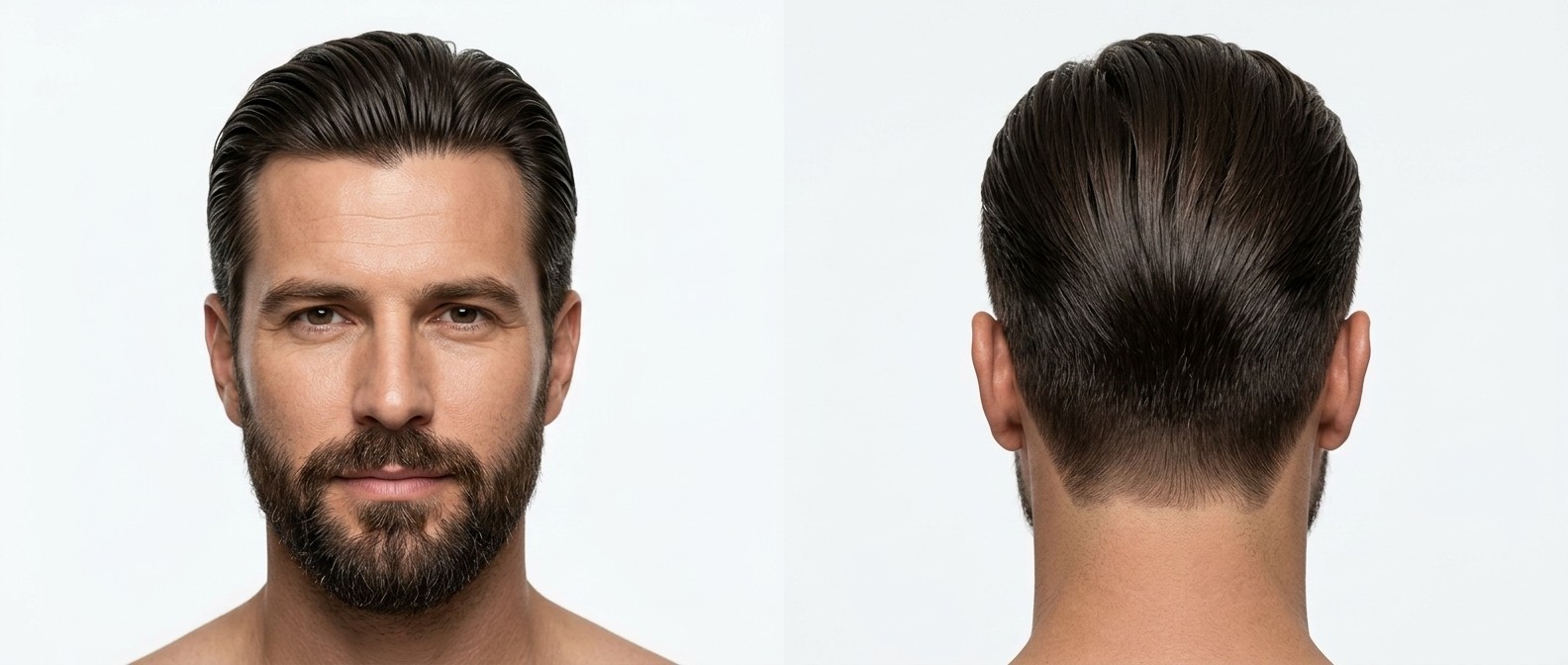 Vorder- und Rückansicht eines reifen Mannes mit dunkelbraunem Haar und Bart, der eine klassische Slicked-Back-Frisur mit High-Shine-Finish trägt.
