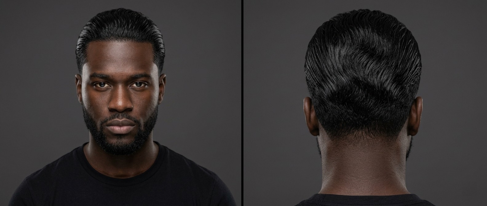 Vorder- und Rückansicht eines Mannes mit welligem Slicked-Back-Haarschnitt, präzisem Edge-Up, kurzem Bart und glänzendem Finish.