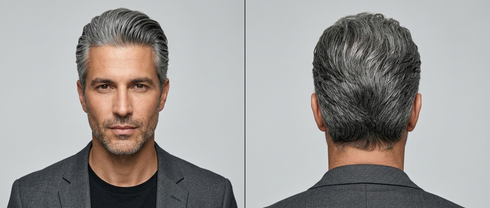 Vista frontal y trasera de un hombre de 35-45 años con piel oliva y barba, luciendo un peinado ondulado hacia atrás con volumen para cabello gris grueso.