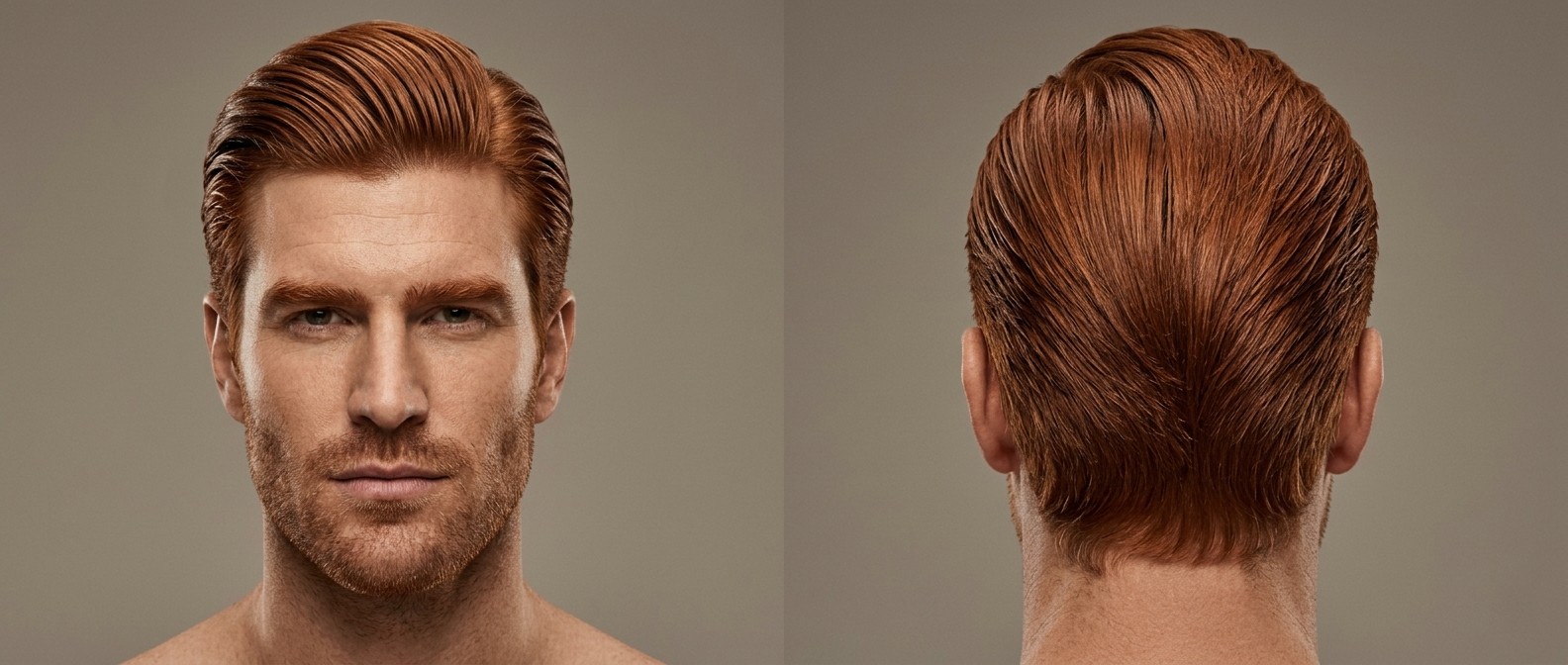 Vista frontal y trasera de un hombre de 35-45 años con cabello rojo vibrante y barba, luciendo un peinado slick-back voluminoso y brillante.