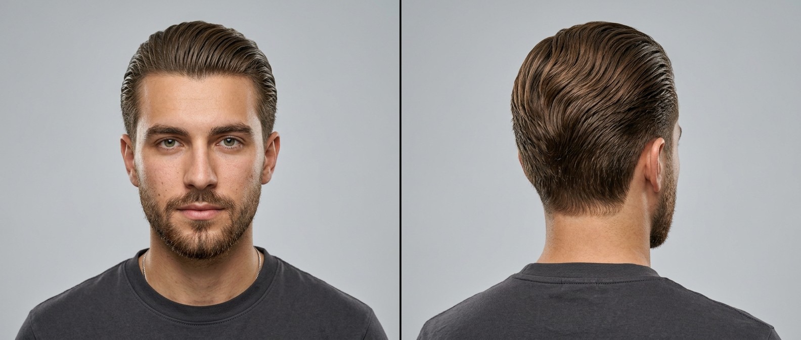 Front and back view of a young man with a short beard wearing a classic wavy slicked-back hairstyle with a high-shine finish and tapered short sides.