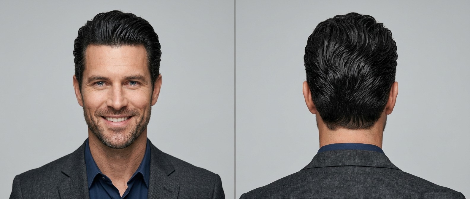 Front and back view of a 40-year-old man with a thick, wavy black slicked-back hairstyle, high-shine finish, and a tailored corporate suit.