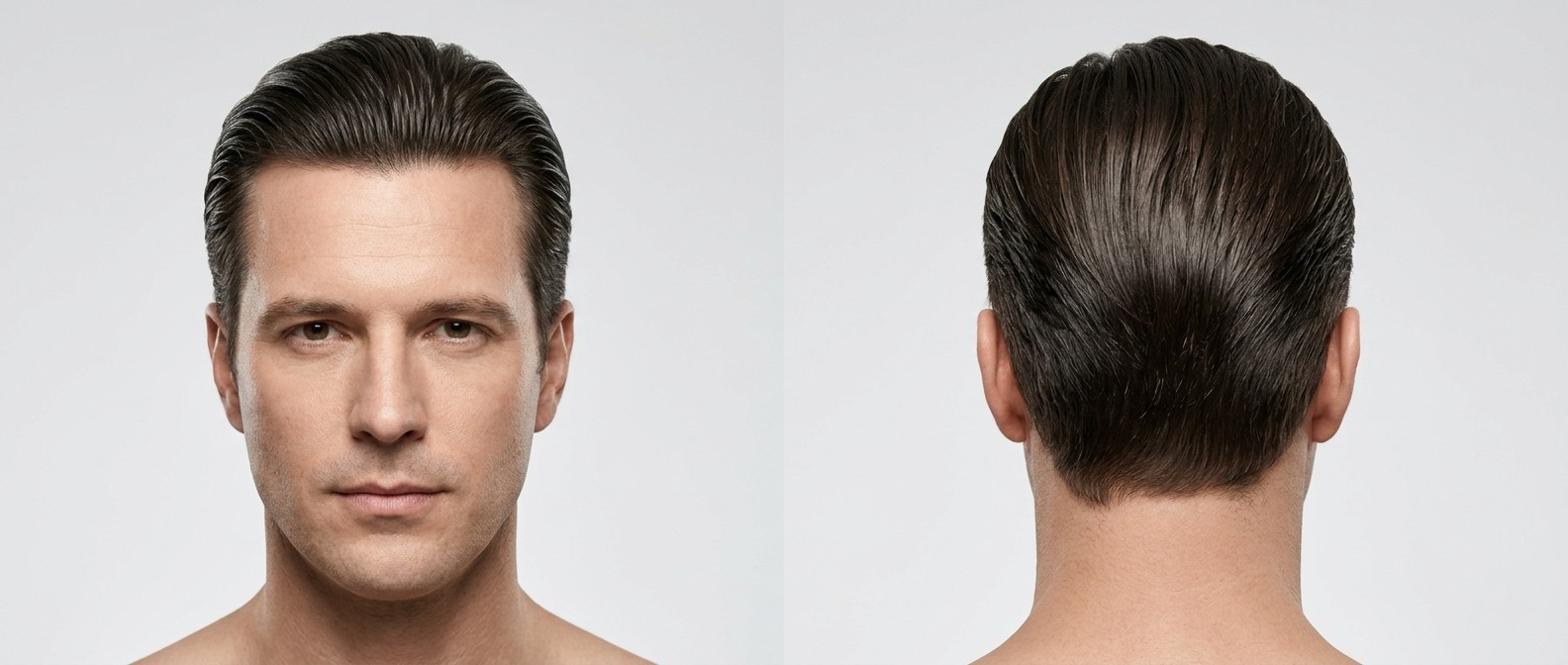 Widok z przodu i z tyłu na dojrzałego mężczyznę z ciemnobrązowymi włosami ułożonymi w klasyczną, elegancką fryzurę typu slick-back z połyskiem.