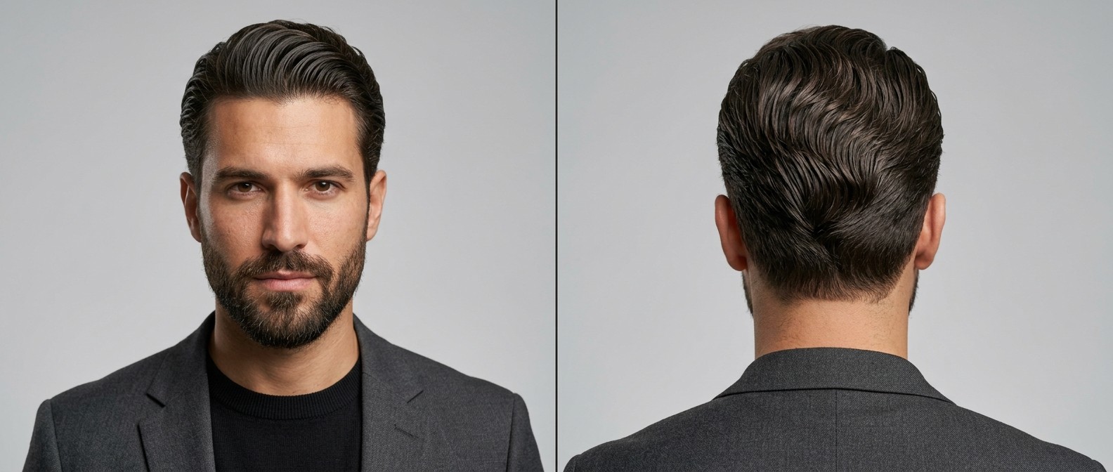 Front and back view of a Caucasian man with a dark brown, medium-length wavy slicked-back hairstyle, distinguished widow's peak, and a well-groomed beard.