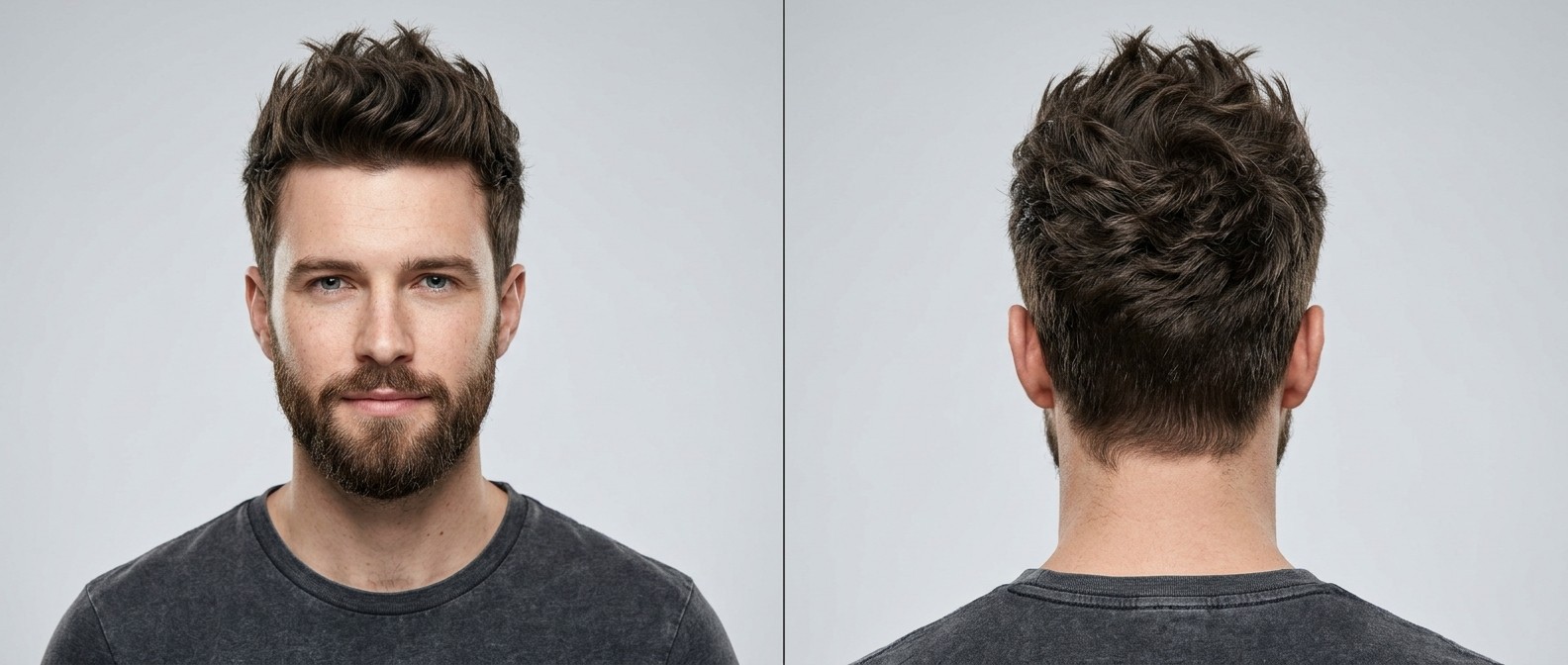 Vue de face et de dos d'un jeune homme aux cheveux bruns texturés en pointes, côtés dégradés et barbe bien taillée sur fond gris clair.