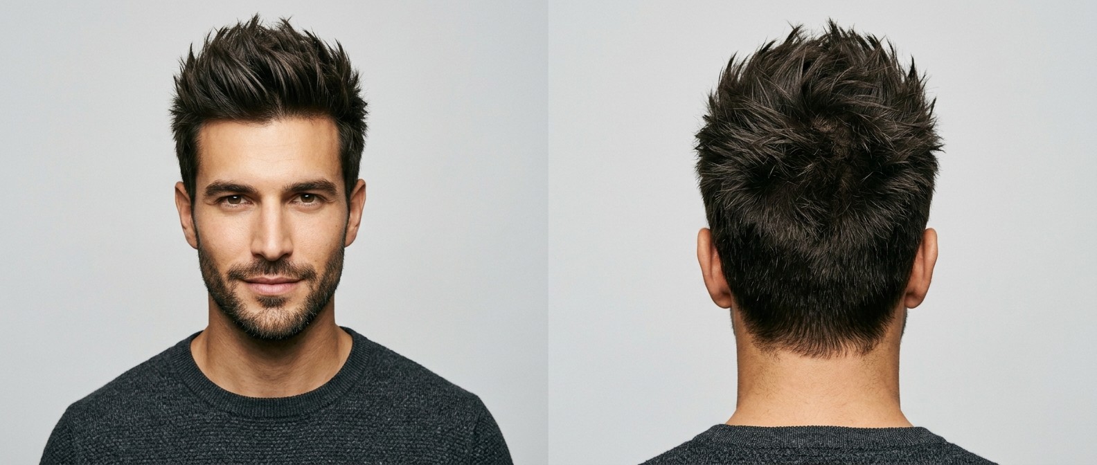 Vue de face et de profil d'un homme aux cheveux bruns épais coiffés en pics texturés avec un dégradé court sur les côtés.