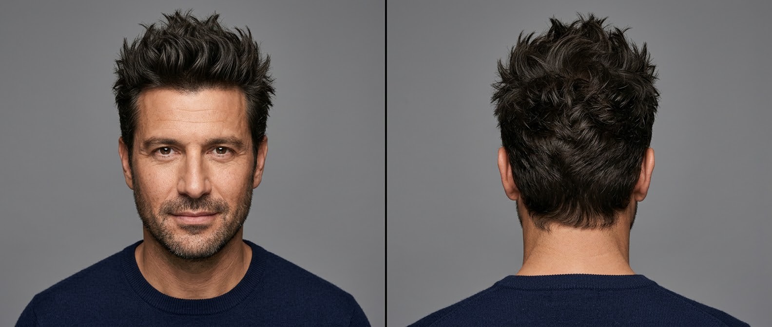 Vue de face et de dos d'un homme mature aux cheveux bruns épais et ondulés, coiffé avec une coupe texturée en pointes moderne.