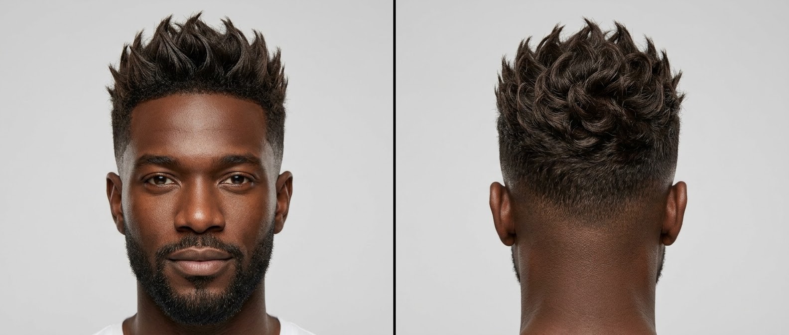 Homem negro com rosto oval exibindo corte high skin fade com cabelo ondulado texturizado espetado no topo e barba alinhada.