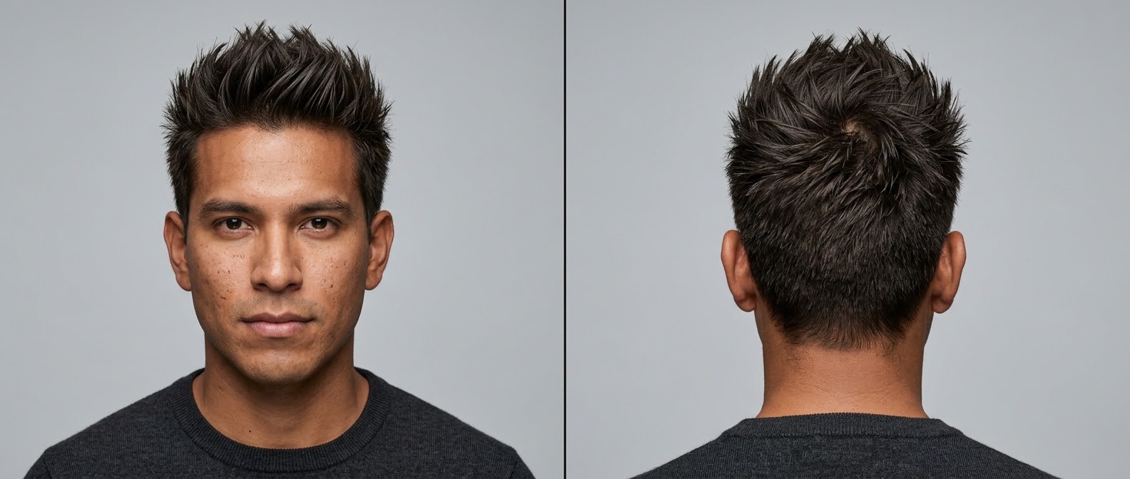 Vue de face et de dos d'un homme latino aux cheveux raides châtain foncé coiffés en coupe spiky texturée avec dégradé court sur les côtés.