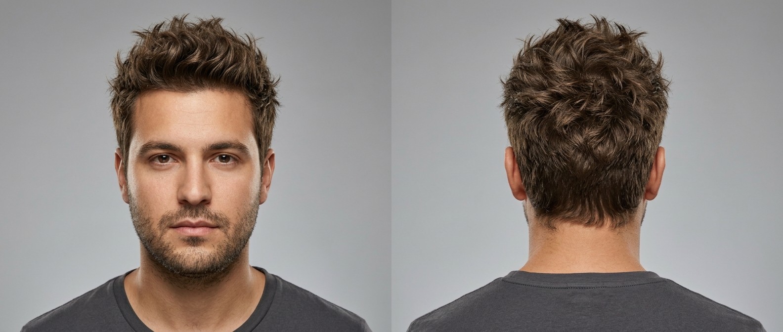 Widok z przodu i z tyłu na mężczyznę z nowoczesną, teksturowaną fryzurą typu spiky, wycieniowanymi bokami i krótkim zarostem.
