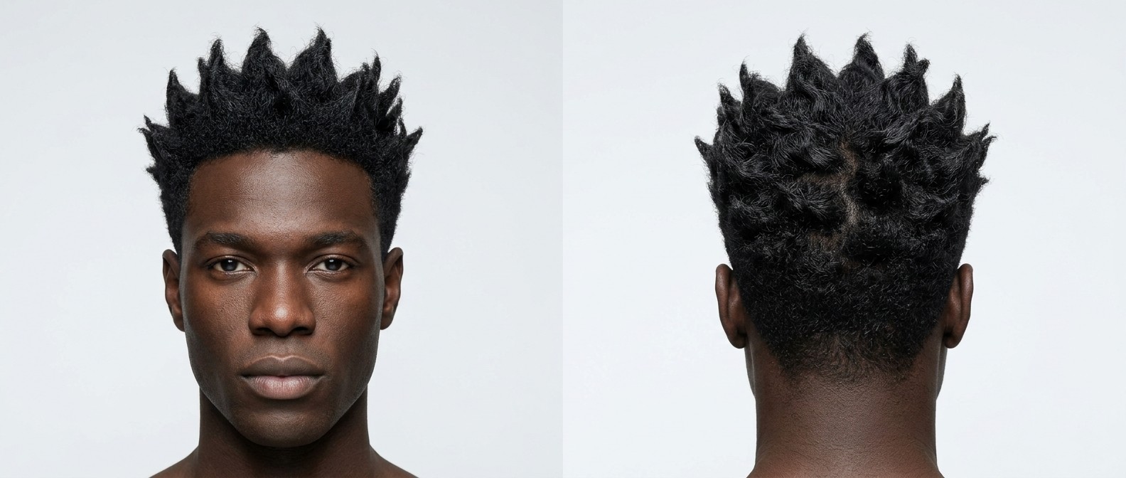 Mężczyzna z teksturowaną fryzurą z kolcami, grubymi skręconymi pasmami na górze i bardzo krótkimi bokami, widok z przodu i z tyłu.