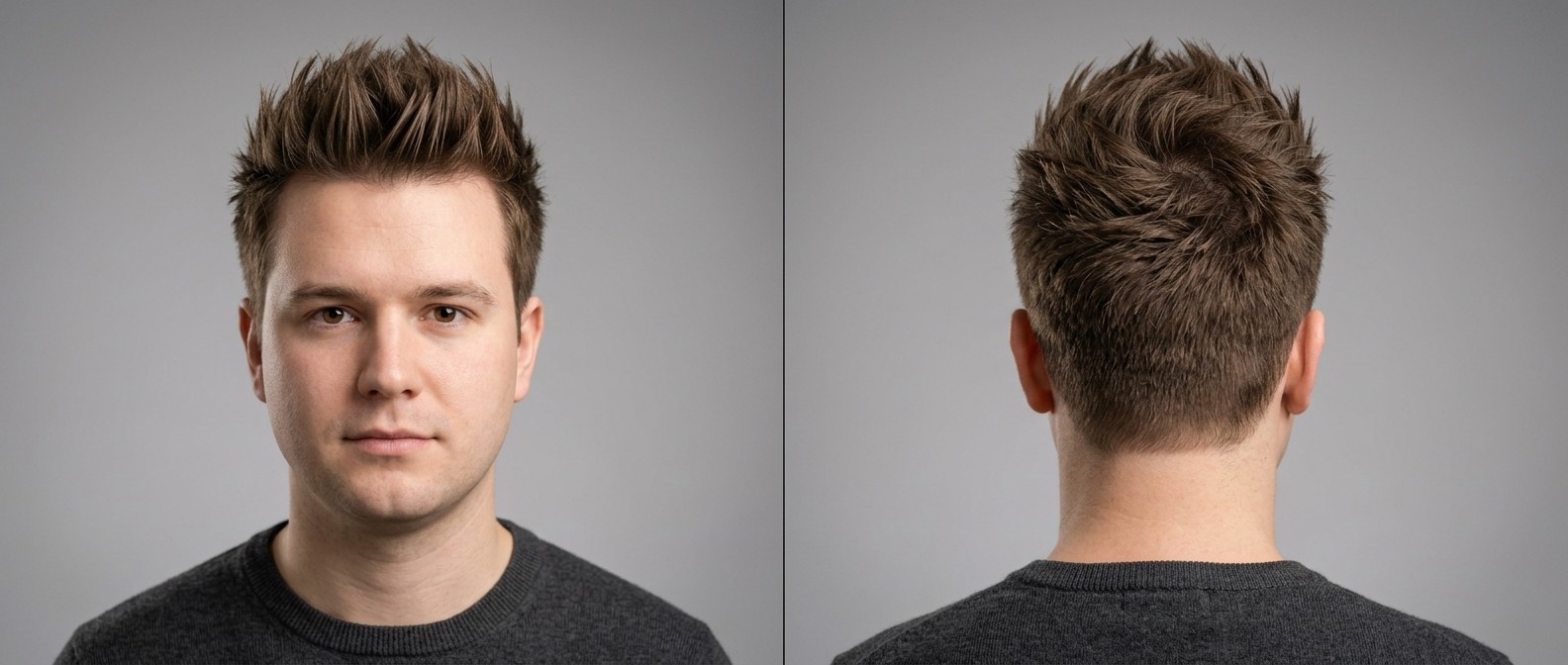 Widok z przodu i z tyłu na mężczyznę z nowoczesną fryzurą spiky, krótkimi bokami i matową teksturą na górze.