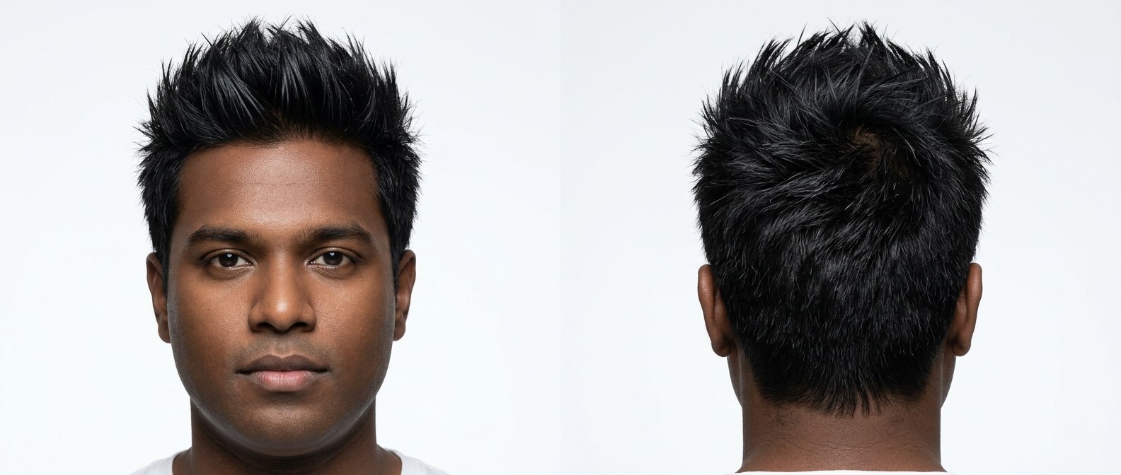 Widok z przodu i z tyłu na mężczyznę z krótką fryzurą z kolcami, teksturowaną górą i cieniowanymi bokami.