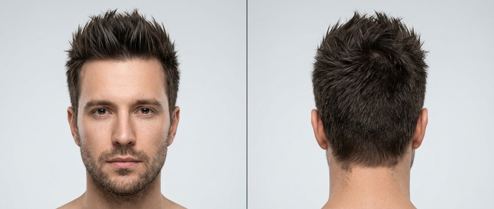 Vista frontal y trasera de un hombre con rostro ovalado luciendo un corte moderno texturizado con púas, parte superior media y laterales degradados.