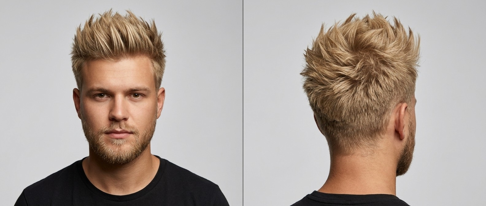 Vista frontal y trasera de un joven rubio con corte spiky moderno, puntas texturizadas y laterales degradados.