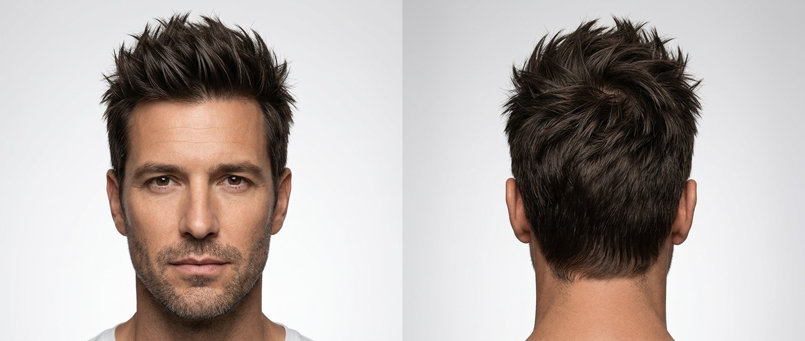Mature man with dark brown thick hair modeling a modern textured spiky haircut with tapered sides and neat facial stubble. Front and back views.