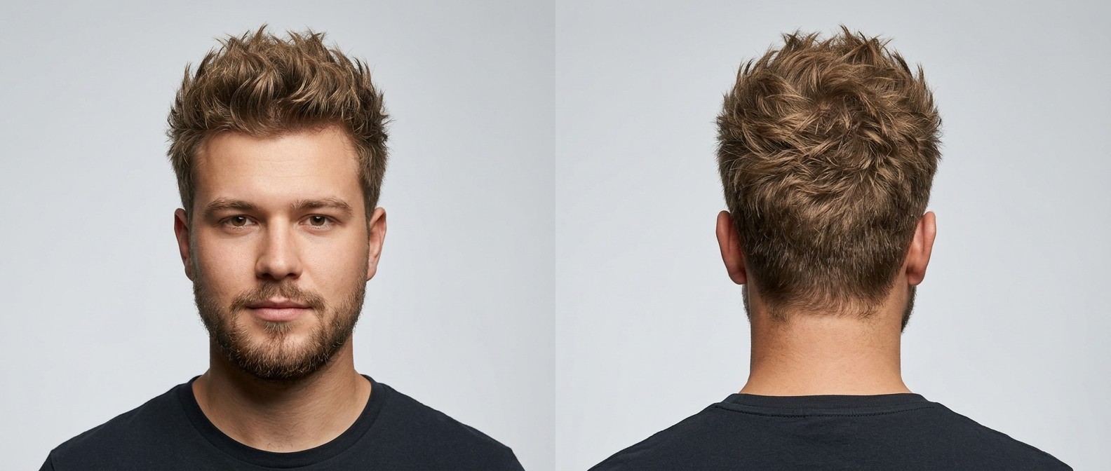 Joven con cabello castaño claro, corte texturizado con ondas y puntas (spiky), laterales cortos y barba bien cuidada.