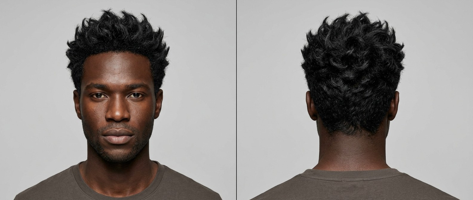 Vista frontal y posterior de un hombre joven con cabello grueso ondulado peinado con puntas texturizadas, laterales degradados y barba de pocos días.