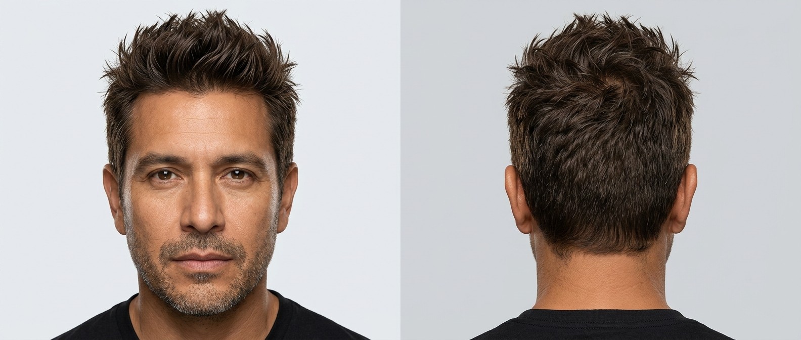 45-letni mężczyzna z gęstymi, falowanymi włosami w teksturowanej fryzurze z kolcami i zadbanym zarostem.