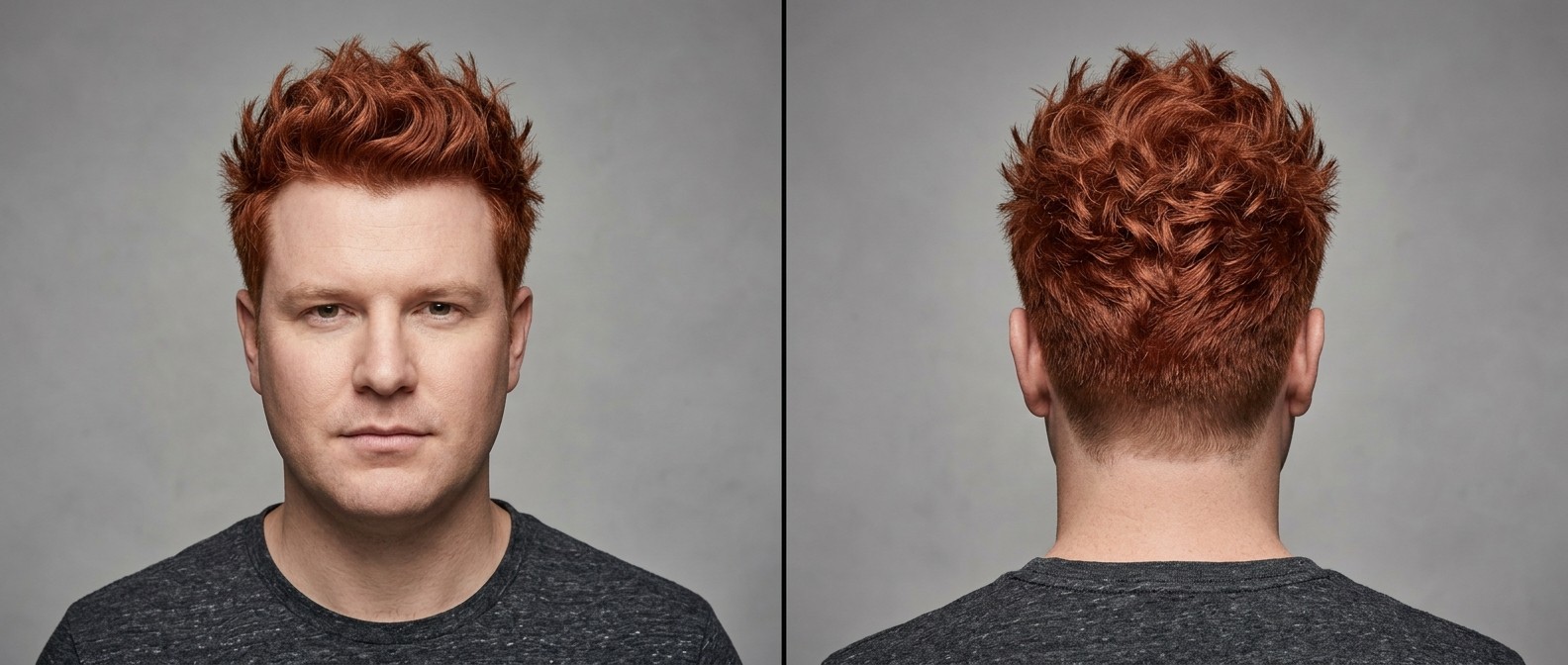 Front and back view of a 40-year-old man with thick, copper-red wavy hair styled in a modern, textured spiky haircut with short tapered sides.