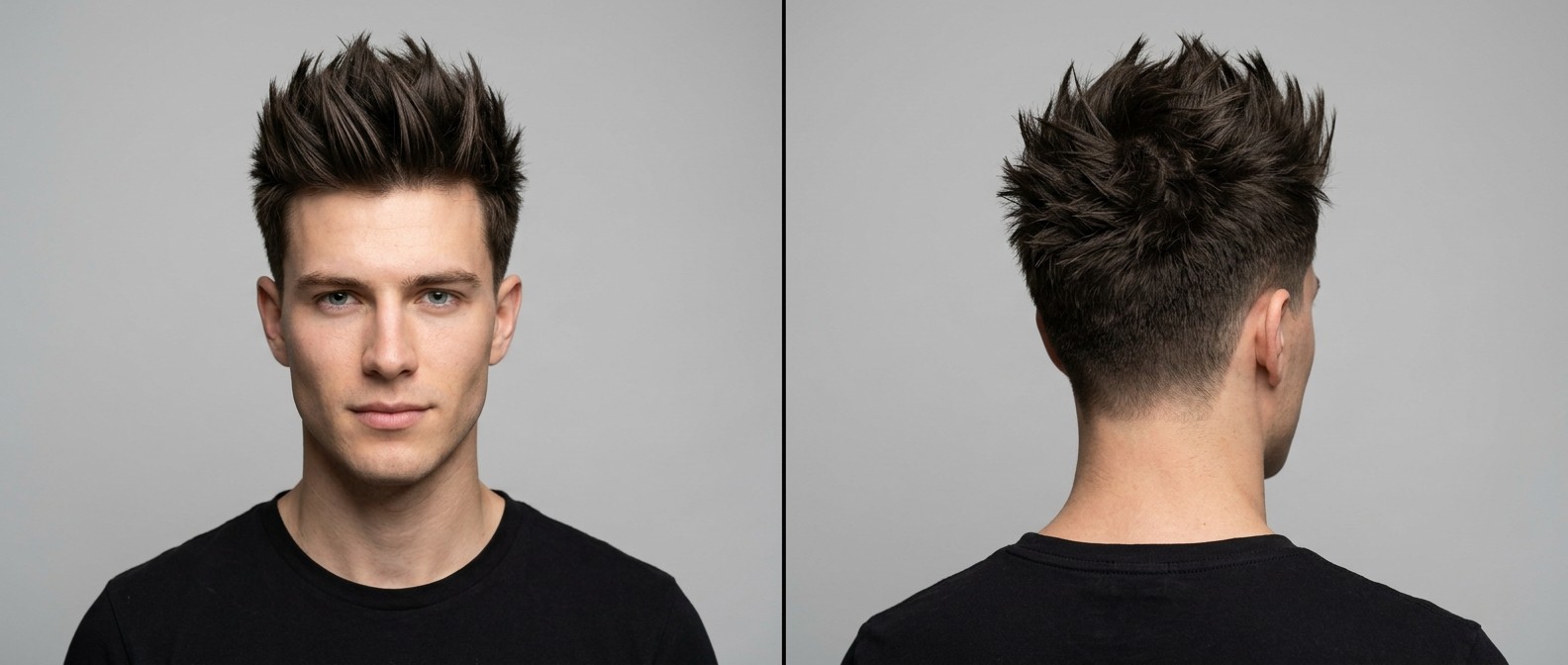 Young Caucasian man with thick dark brown hair styled in a modern textured spiky haircut with high volume and short tapered sides.