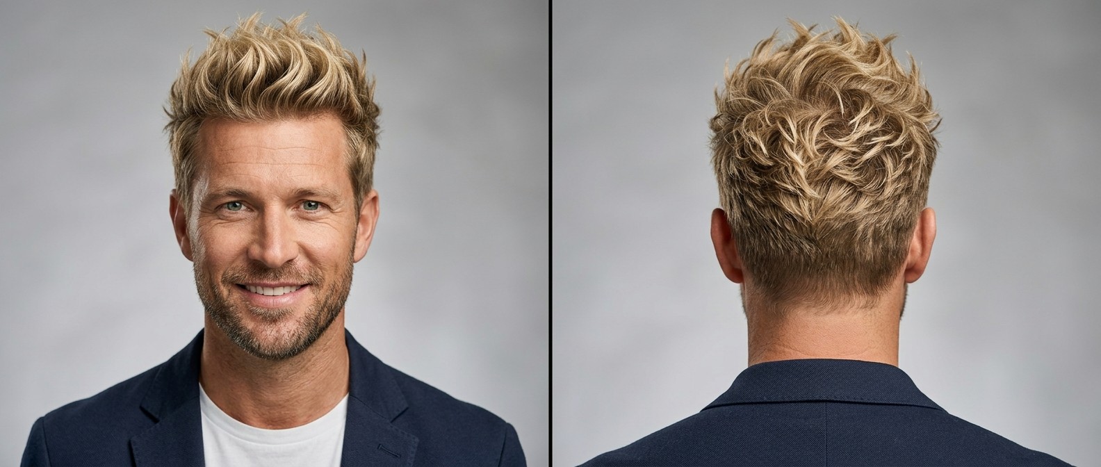 Front and back view of a man aged 35-45 with a blonde textured spiky haircut, featuring neatly tapered sides and lifted, messy crown styling.