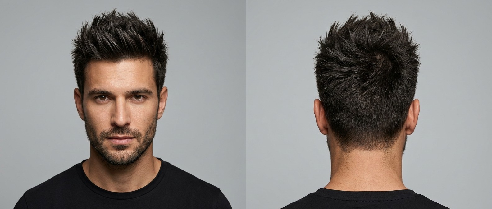Front and back view of a young man with dark brown thick hair styled in a modern textured spiky haircut with short tapered sides and a stubble beard.