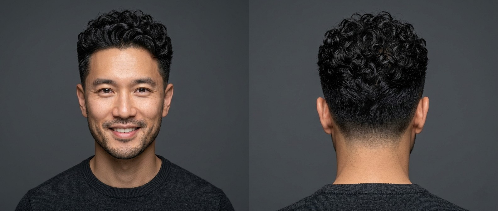 Mężczyzna w wieku 35-45 lat z krótką kręconą fryzurą typu taper fade, cienkie loki typu 3 na górze oraz czyste cieniowanie po bokach.