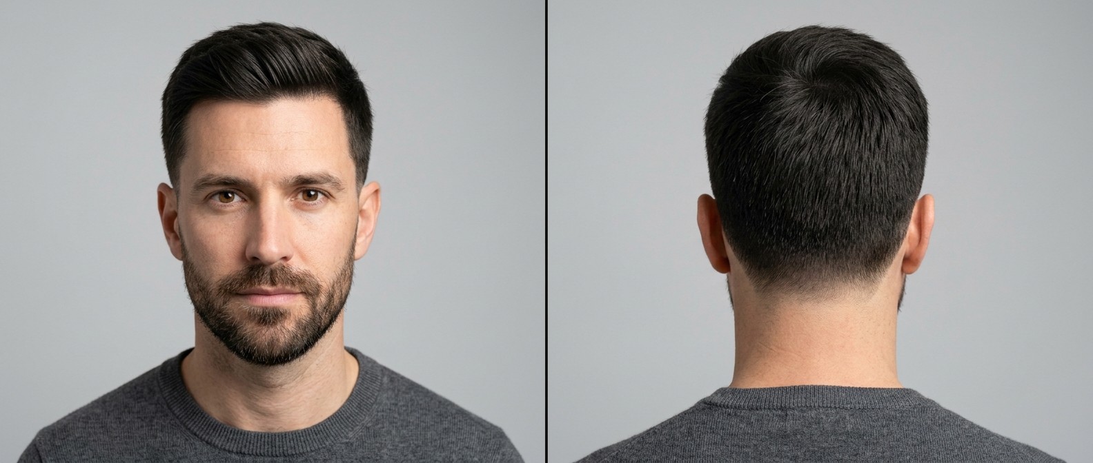 Front and back view of a man with an executive taper haircut, featuring a textured short top, subtle front sweep, and a neatly groomed short beard.