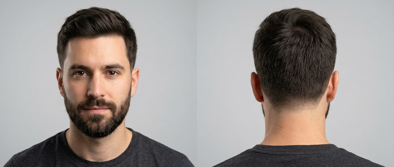 Front and back view of a Caucasian man with dark brown thick hair modeling a classic short taper haircut with a textured top and perfectly blended beard.