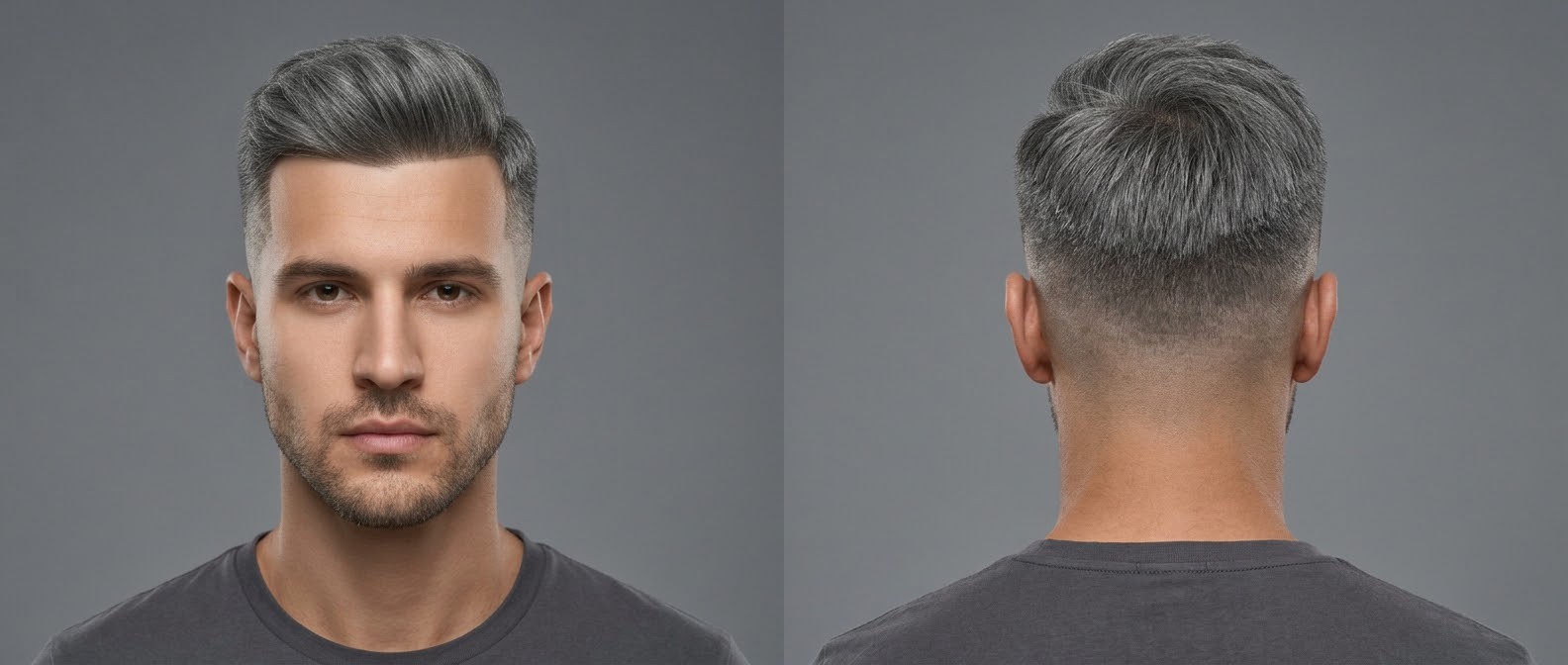 Young man with a modern silver swept-back taper fade haircut, featuring thick voluminous hair on top, tight faded sides, and a light stubble beard.