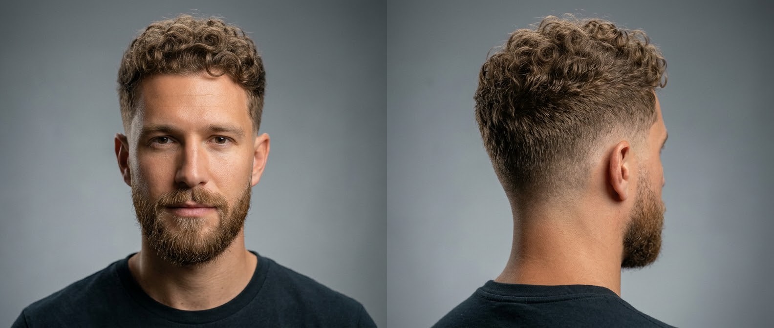 Profil i przód twarzy mężczyzny z fryzurą short curly taper fade, jasnobrązowymi lokami typu 3 i zadbaną brodą.