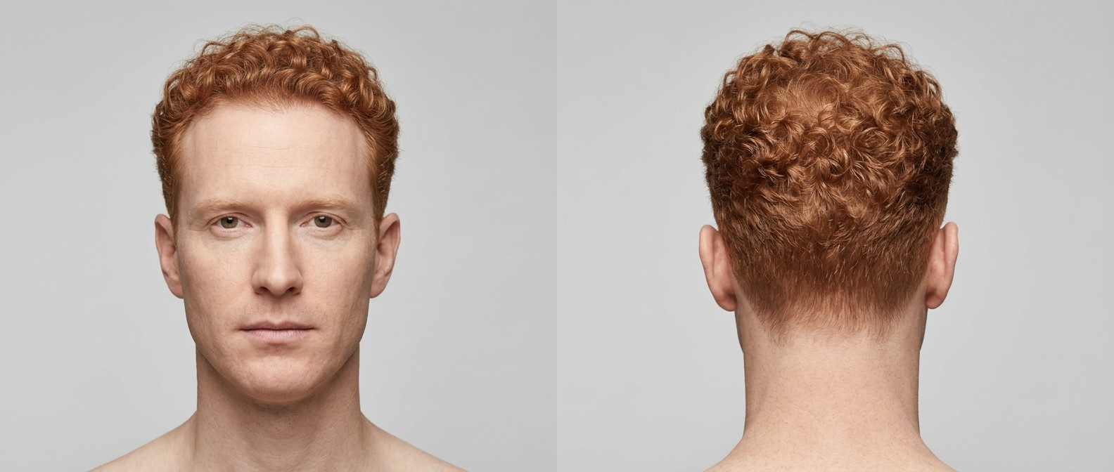 Widok z przodu i z tyłu na 35-45 letniego mężczyznę z rudymi włosami, w eleganckiej fryzurze typu curly taper fade.