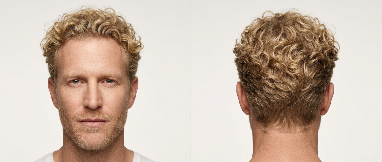 Widok z przodu i z tyłu na dojrzałego blondyna z fryzurą medium curly taper, z miękkimi lokami na górze i subtelnym cieniowaniem po bokach.