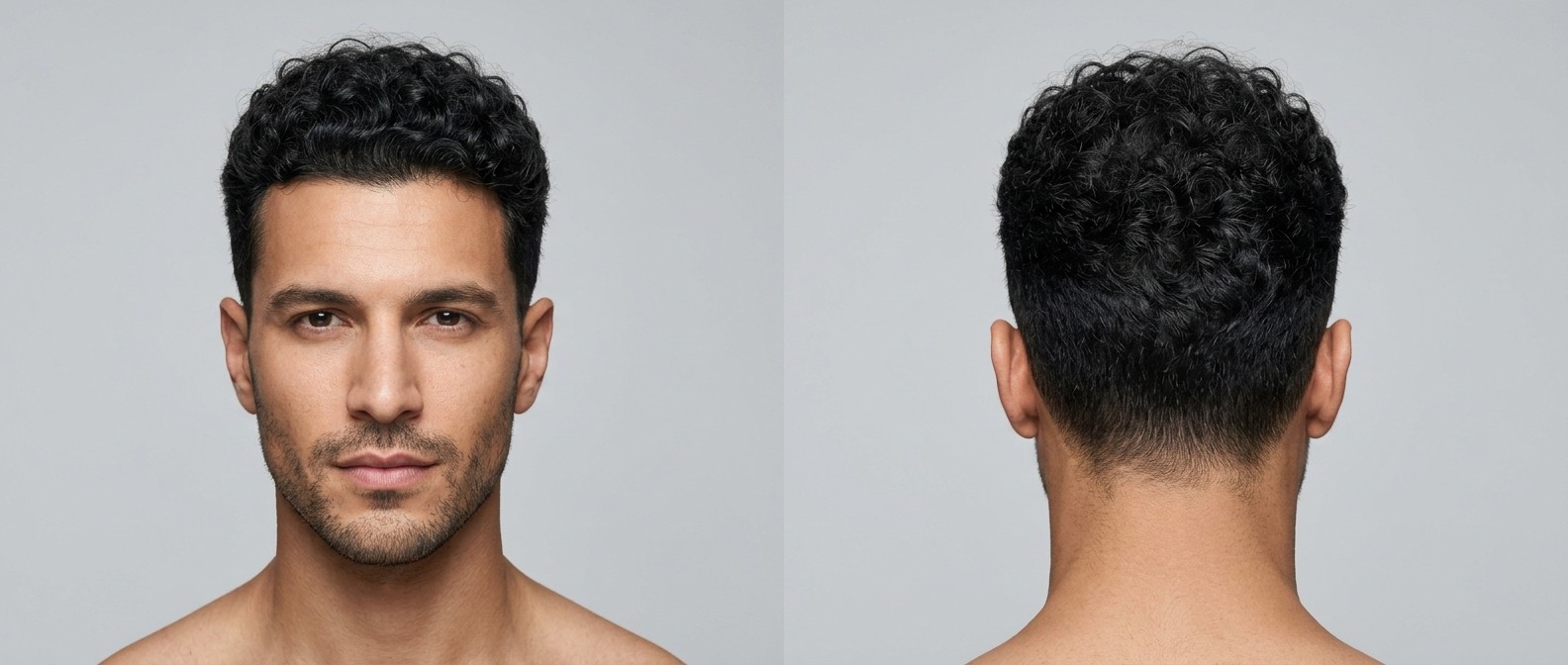 Vue de face et de profil d'un homme aux cheveux foncés avec un taper fade court et bouclé, mettant en avant des boucles définies et une nuque nette.