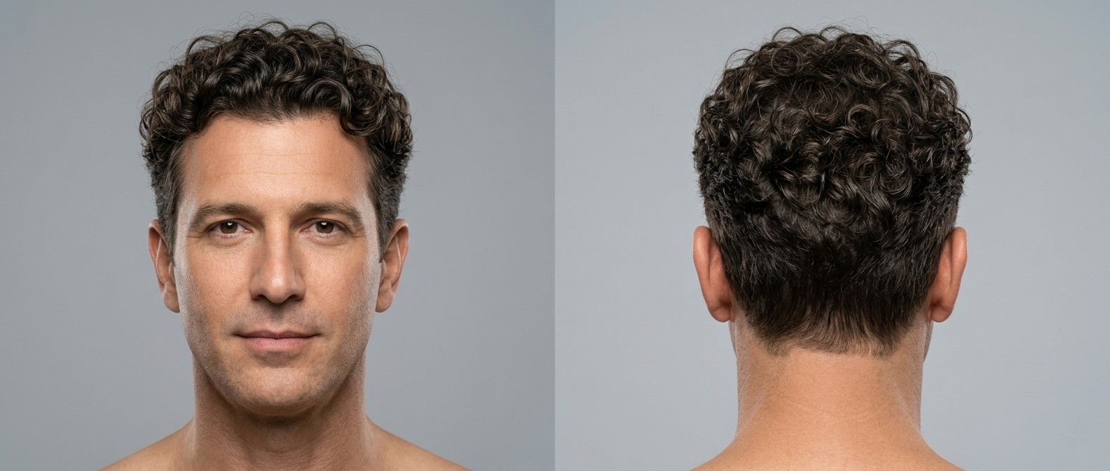 Widok z przodu i z tyłu na dojrzałego mężczyznę z ciemnobrązowymi, kręconymi włosami w fryzurze typu taper z dłuższą górą.