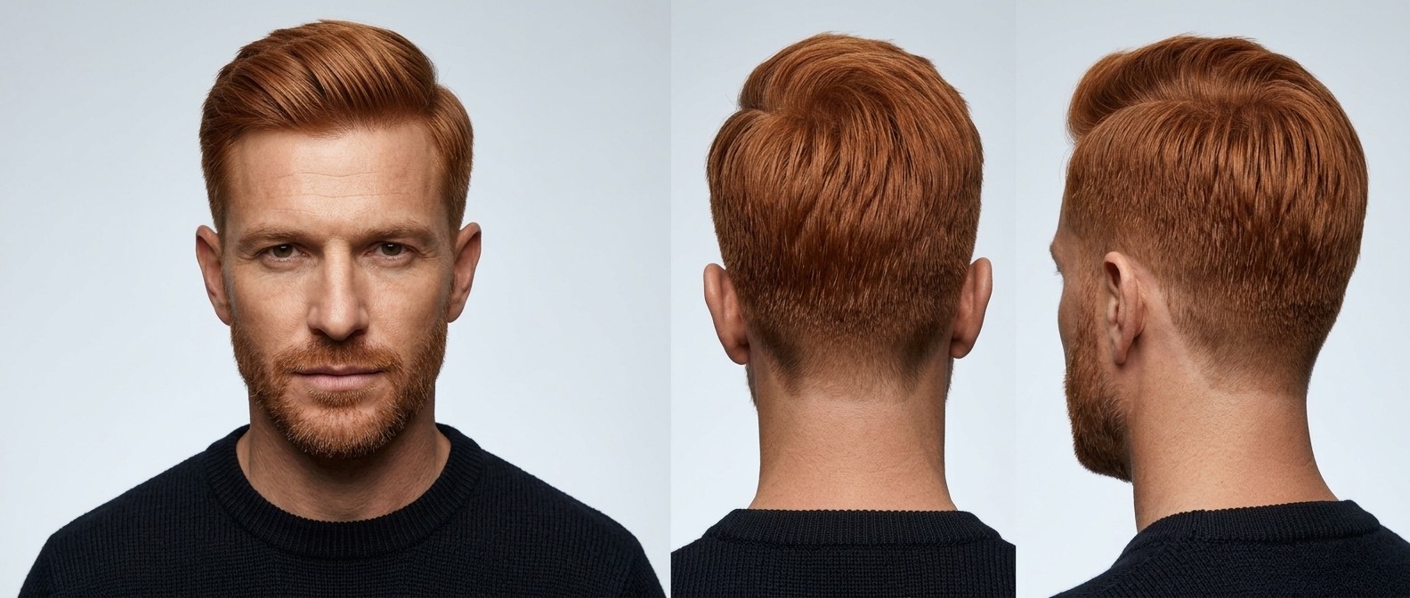 Dojrzały mężczyzna z rudymi włosami i krótką brodą prezentujący klasyczną fryzurę side-swept taper z naturalną objętością.