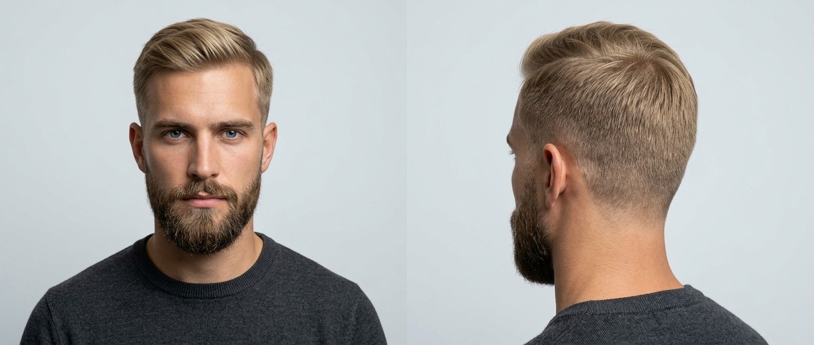 Young blonde man with an olive complexion and short beard showcasing a classic side-swept taper fade hairstyle for fine straight hair.