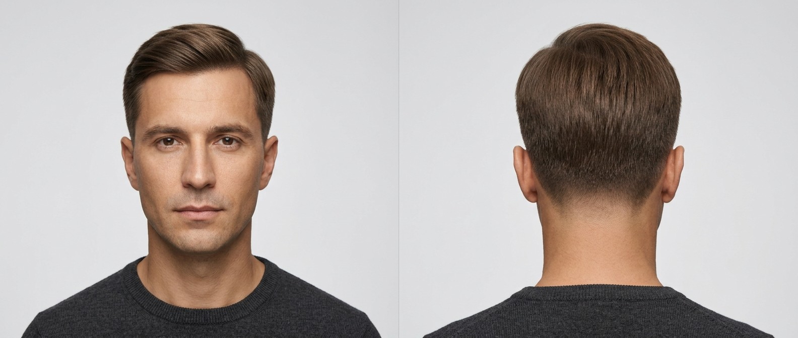 Vorder- und Rückansicht eines 35-45-jährigen Mannes mit klassischem Taper Cut, Seitenscheitel und sauberem Nacken.