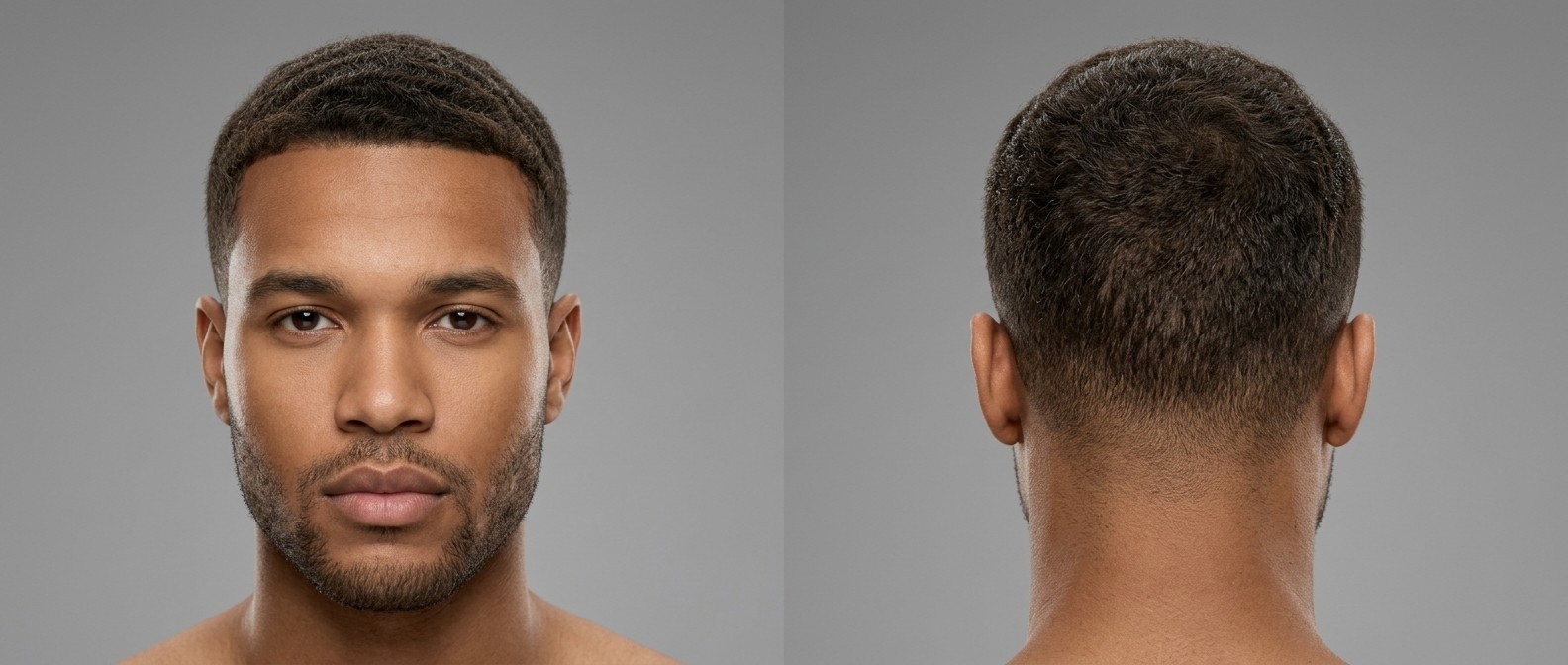 Młody czarnoskóry mężczyzna z elegancką fryzurą typu short wavy taper fade, z precyzyjnym line-upem i zadbanym zarostem.