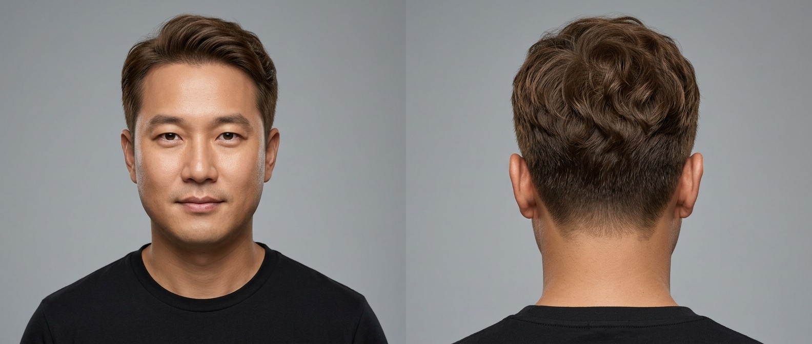 Mężczyzna o azjatyckich rysach z fryzurą typu wavy taper, zaczesaną górą i schludnie wycieniowanymi bokami w biznesowym stylu.