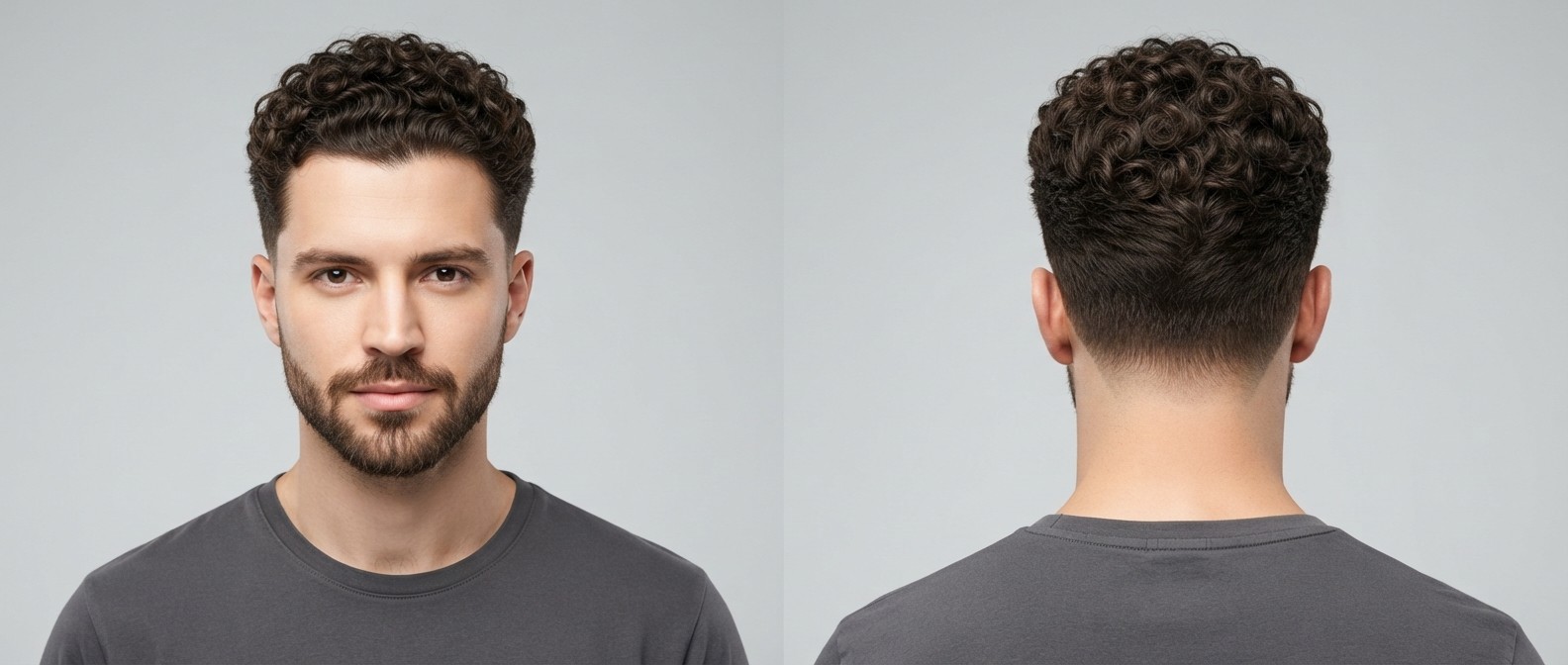 Front and back view of a Caucasian man with thick, dark brown curly hair styled in a professional medium-length taper fade with a short facial beard.