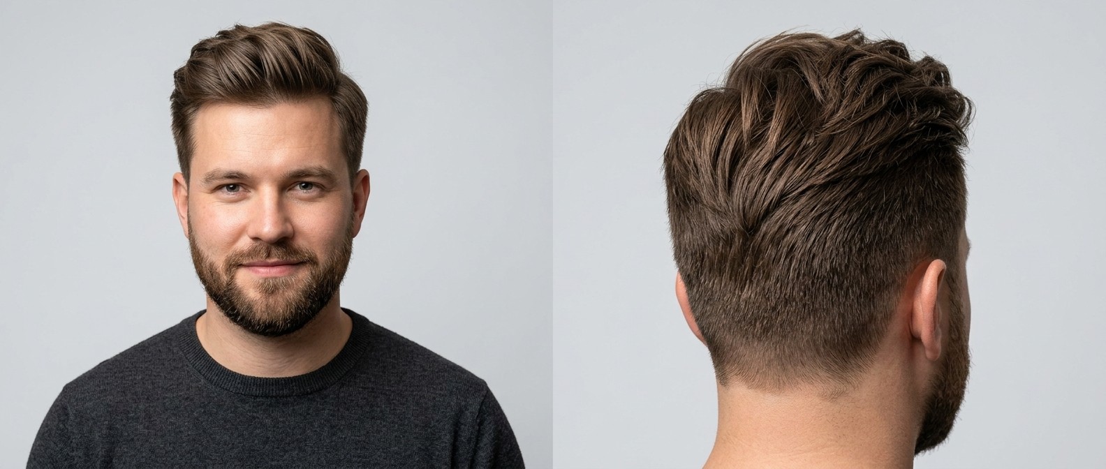 Homem jovem com barba curta usando um corte texturizado jogado para trás, ideal para rosto redondo e cabelo liso.