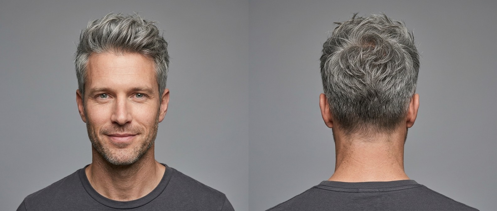 Vista frontal e lateral de homem de 40 anos com corte texturizado grisalho e laterais aparadas.